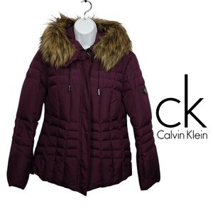 Calvin Klein Faux Fur Hooded Puffer Jacket - Plum - Size Medium